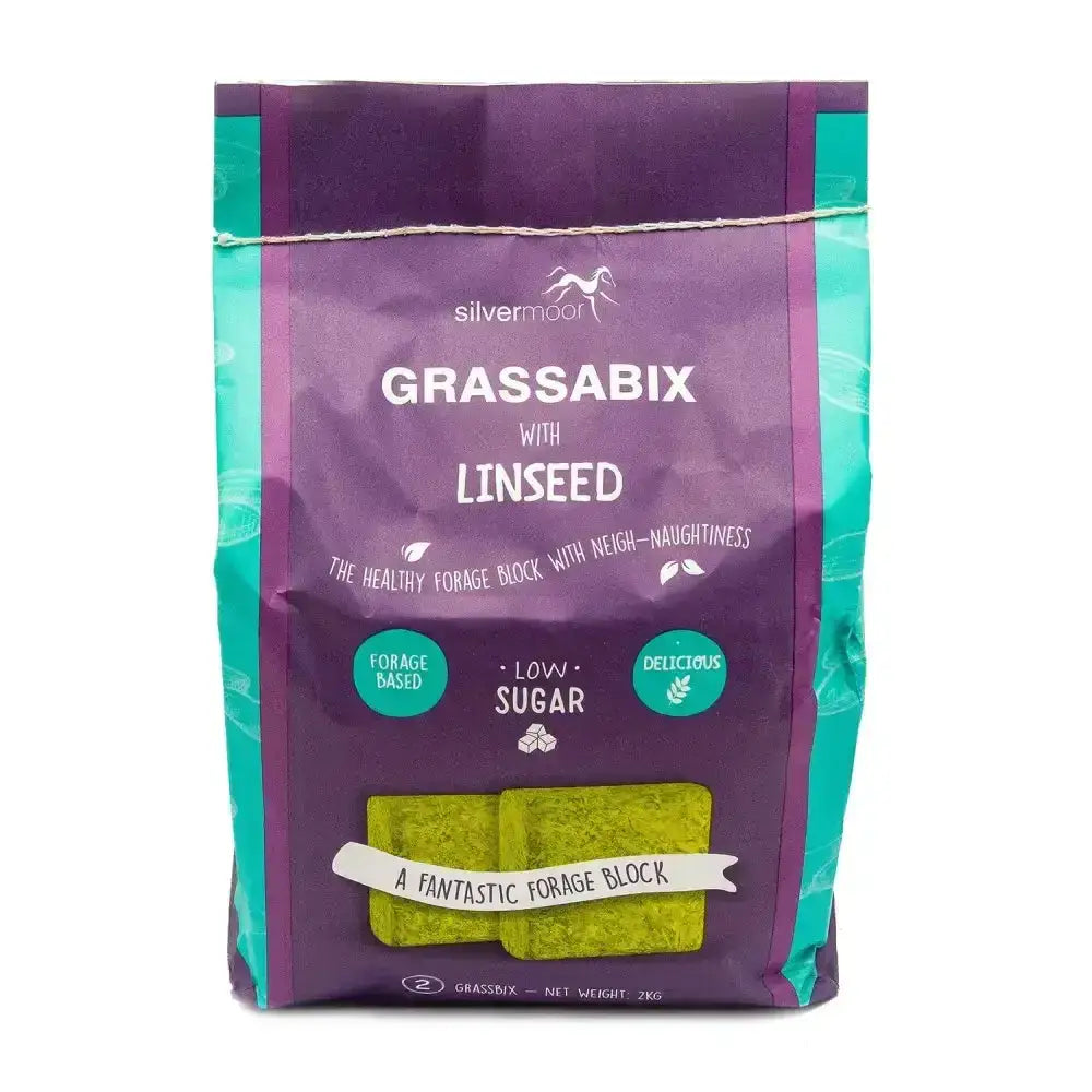 Purple and teal packaged silvermoor grassabix with linseed 2kg forage block for healthy equestrian horse feed