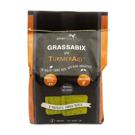 Silvermoor grassabix equestrian forage block with turmeraid in black and orange packaging for horse wellbeing