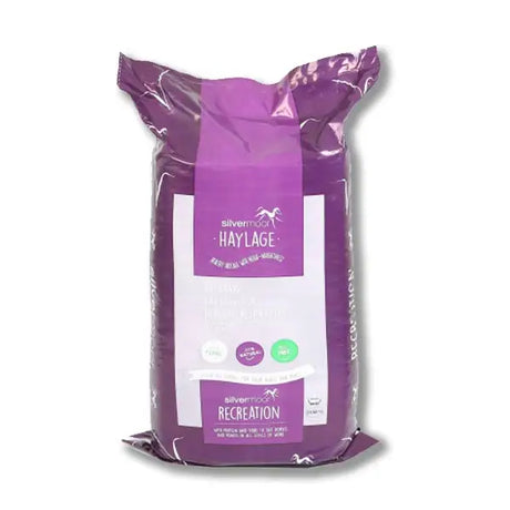 Purple packaged silvermoor haylage recreation 20 kg labeled healthy real hay with white label and green icon