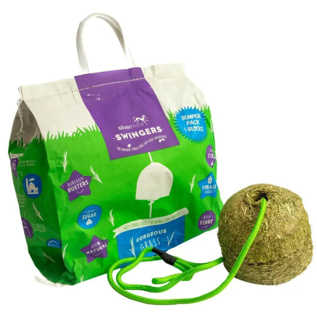 Silvermoor swingers bumper pack horse hay ball in green and purple with bright green rope handle natural nutrition low sugar