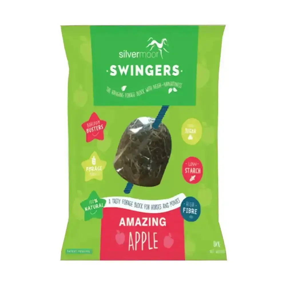 Silvermoor swingers horse treats apple feed block in green and pink pack for boredom busting horse snack