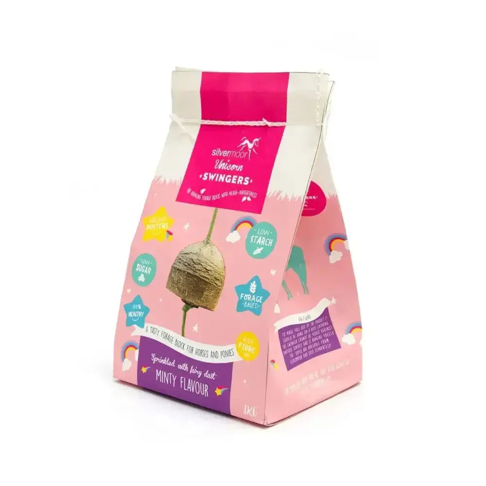 Silvermoor swingers unicorn horse treats in pink and white packaging with a minty forage design for boredom busting