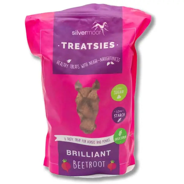 Pink bag of silvermoor treatsies brilliant beetroot horse treats for blood flow encouraging and muscle efficiency