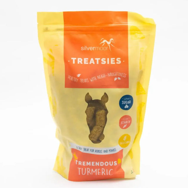Yellow and orange pouch of silvermoor treatsies turmeric horse treats perfect titbit low sugar high starch snack