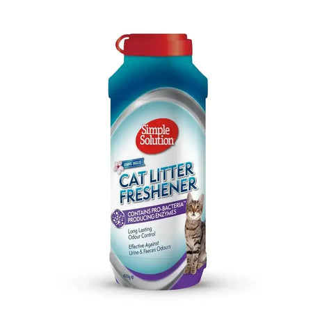 Simple solution cat litter freshener powder in a blue and purple container with red cap for odor control