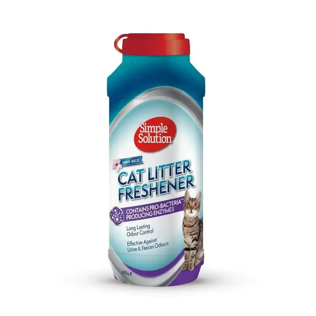 Simple solution cat litter freshener powder in a blue and purple container with red cap for odor control