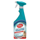 Teal plastic spray bottle of simple solution extreme stain and odor remover for dogs with golden retriever on label