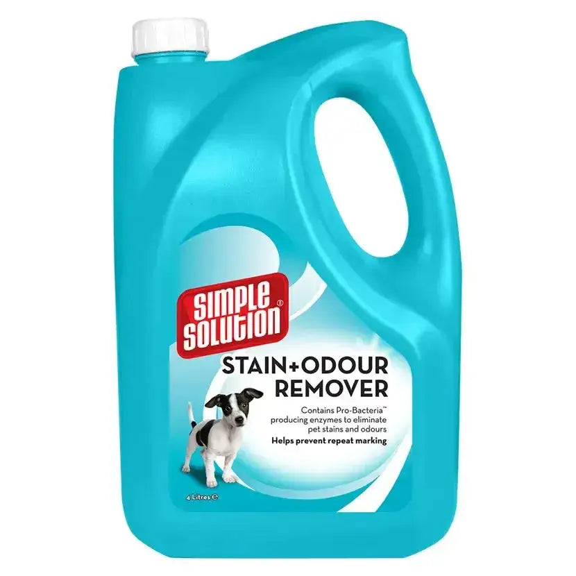 A bright turquoise plastic jug with white cap labeled simple solution extreme stain and odour remover for dogs with dog image