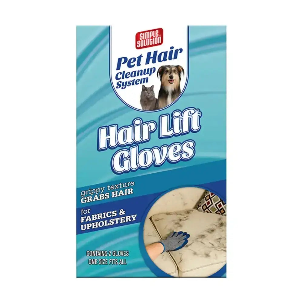 Blue simple solution hair lift gloves with grippy texture for easy pet hair cleanup on fabrics and upholstery