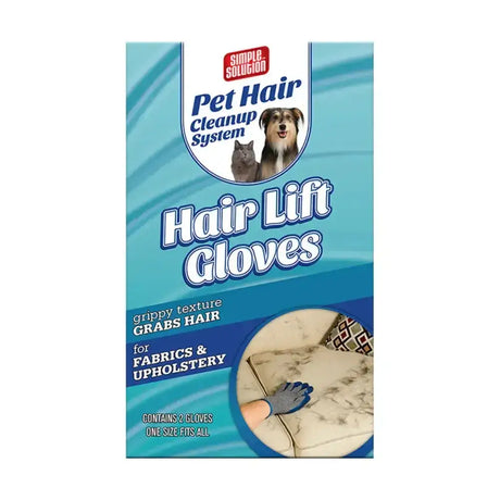Blue simple solution hair lift gloves with grippy texture for easy pet hair cleanup on fabrics and upholstery