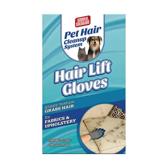 Blue simple solution hair lift gloves with grippy texture for easy pet hair cleanup on fabrics and upholstery