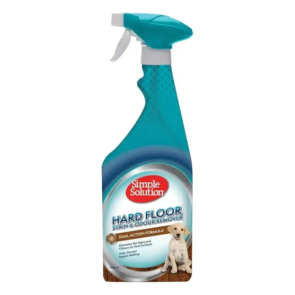 Teal plastic spray bottle of simple solution hard floor stain and odour remover with white trigger and puppy label