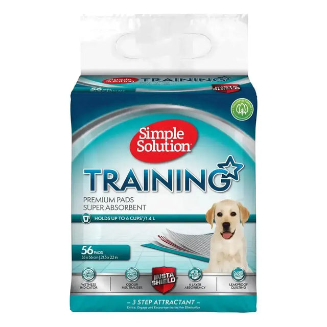 Simple solution premium puppy training pads in blue white pack with super absorbent material and yellow labrador image