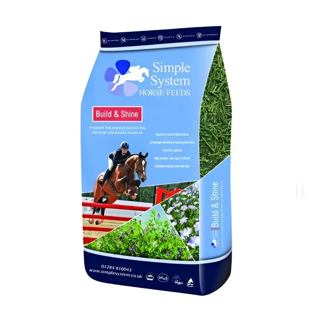 Blue and white simple system horse feeds build and shine bag with horse jumping featuring cold pressed linseed and lucerne chop