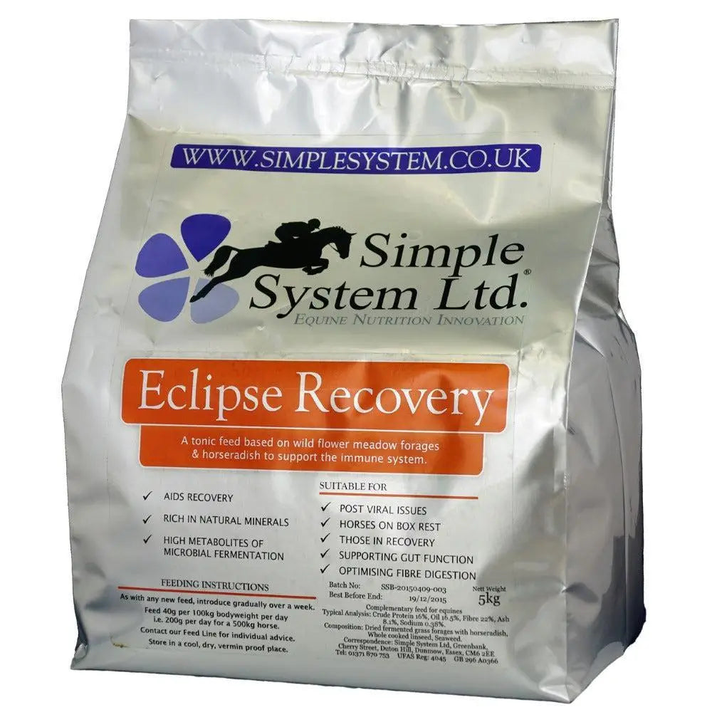 Silver foil bag of simple system ltd eclipse recovery horse feeds featuring grass forages for equestrian use