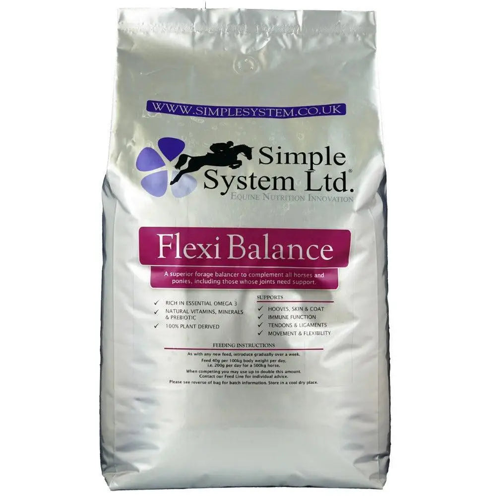 Silver foil bag of simple system ltd horse feeds flexi balance showing product details on the back side