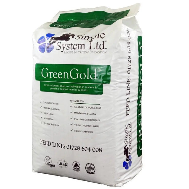White and green bag of simple system horse feeds green gold lucerne premium lucerne chop for horses by simple system ltd