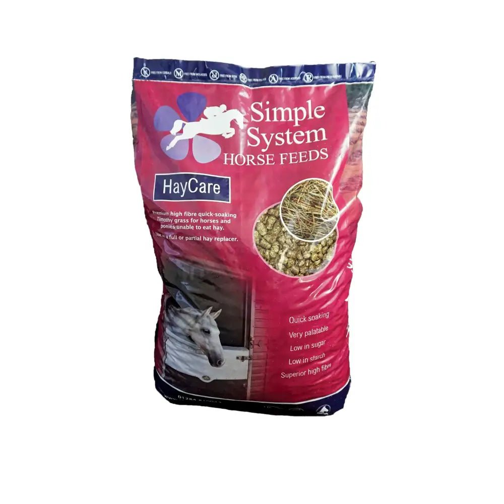 Pink and blue bag of simple system horse feeds haycare timothy grass with white horse silhouette logo