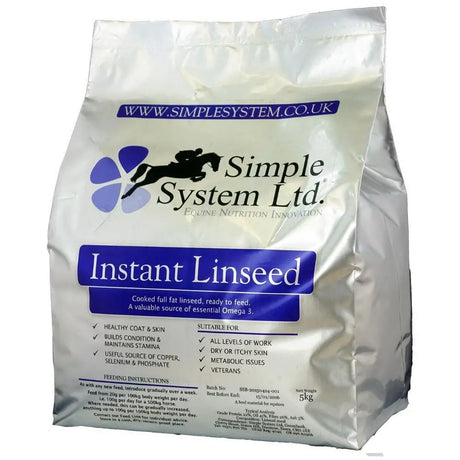 A silver resealable bag of simple system ltd instant linseed horse feed for equestrian use 5 kg