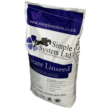 White and blue simple system ltd bag of horse feeds instant linseed showing product front packaging details