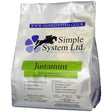A 1kg bag of justamint finely cut herbal spearmint horse feed from simple system ltd in white green purple pouch