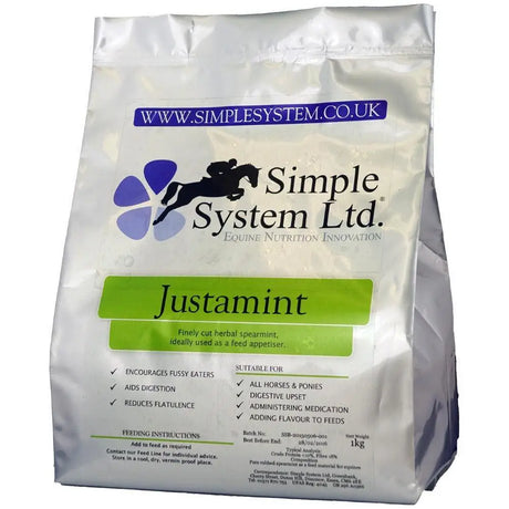 A 1kg bag of justamint finely cut herbal spearmint horse feed from simple system ltd in white green purple pouch