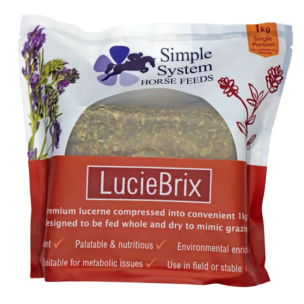 A 1kg bag of simple system horse feeds lucie brix single with white red packaging and purple floral design showing compressed lucerne