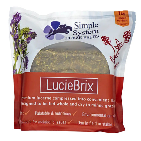 A 1kg bag of simple system horse feeds lucie brix single with white red packaging and purple floral design showing compressed lucerne