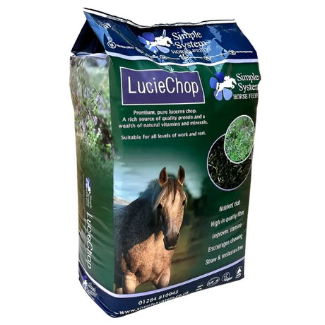 A bag of simple systems luciechop premium horse feed with green and blue design featuring a brown horse for feeds lucie chop