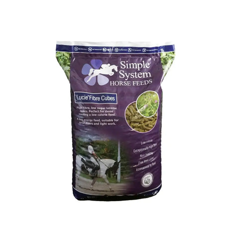 Purple bag of simple system horse feeds lucie fibre cubes with white horse silhouette and green imagery on front
