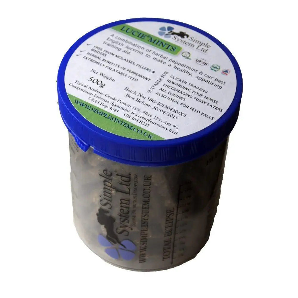A cylindrical Simple System Ltd container of lucie mints horse treats for equestrian horses care