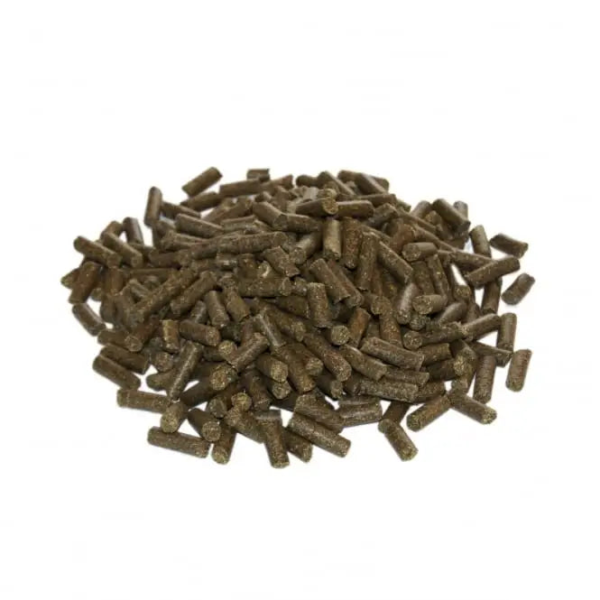 Dark brown cylindrical lucie mints horse feed pellets great for equestrian feeding and simple system horse care
