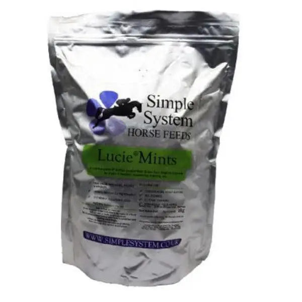 Silver foil pouch of simple system horse feeds lucie mints for equestrian use and horses treats