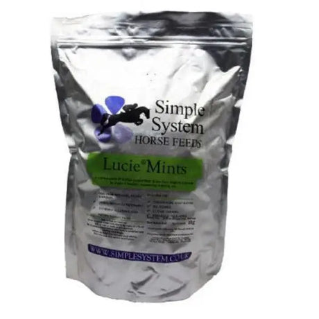 Silver foil pouch of simple system horse feeds lucie mints for equestrian use and horses treats