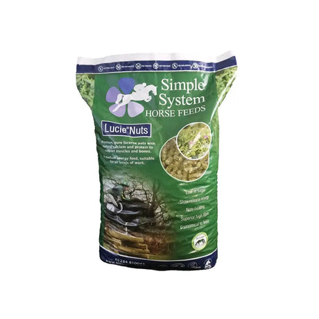 Green bag of simple system horse feeds lucie nuts lucerne 20 kg with blue and white logo featuring jumping horse for equestrian horses