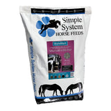 White bag of simple system horse feeds mallemash with blue floral logo and black horse silhouettes for high fibre mash