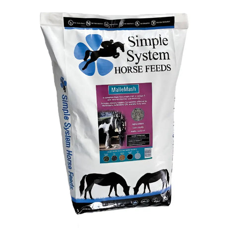 White bag of simple system horse feeds mallemash with blue floral logo and black horse silhouettes for high fibre mash