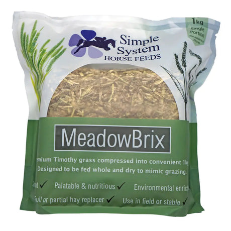 A 1kg bag of meadow brix premium timothy grass feed in clear green pouch with horse logo for equestrian horses