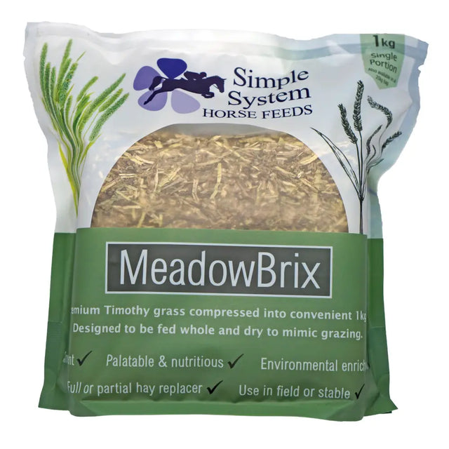 A 1kg bag of meadow brix premium timothy grass feed in clear green pouch with horse logo for equestrian horses