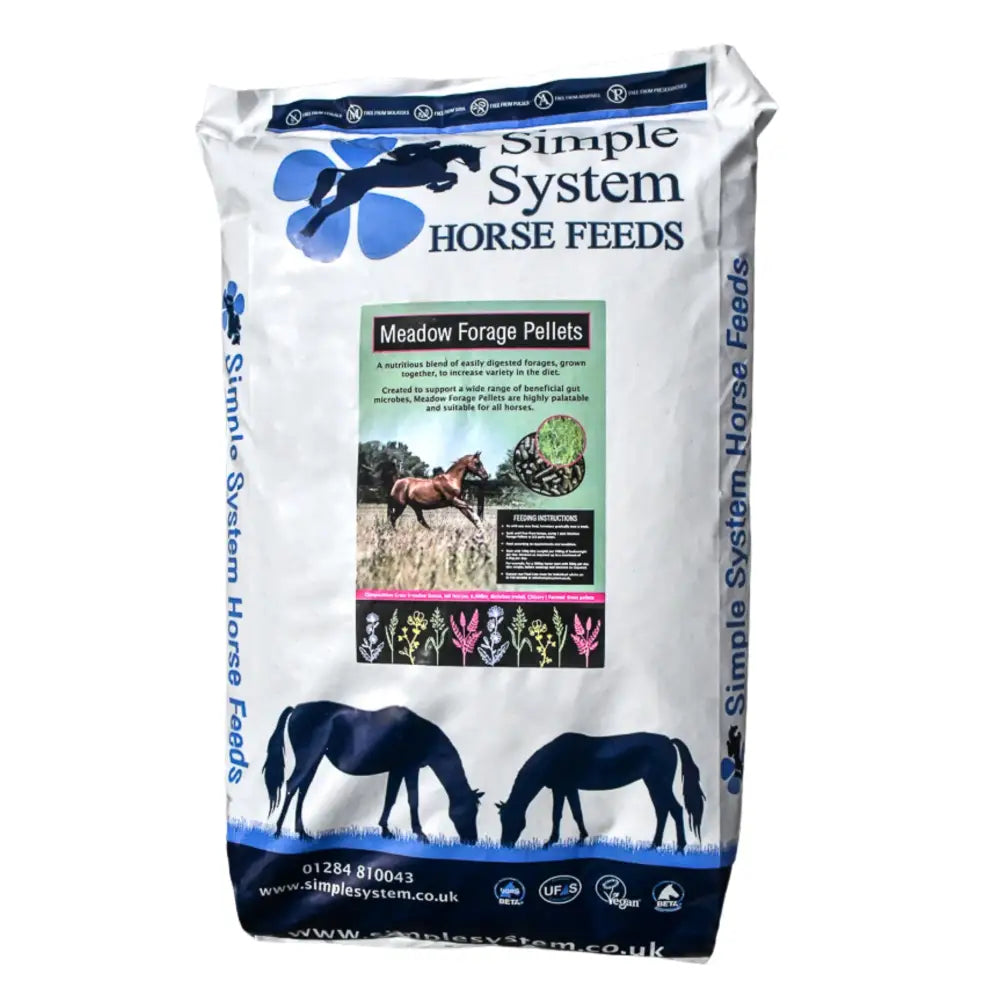 Simple system horse feeds meadow forage pellets 20kg bag with white blue design and grazing horse silhouettes