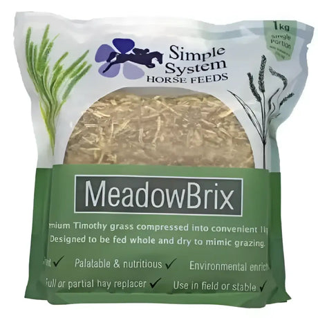 A 1kg green and white bag of simple system horse feeds meadowbrix with mature timothy grass compressed for horses