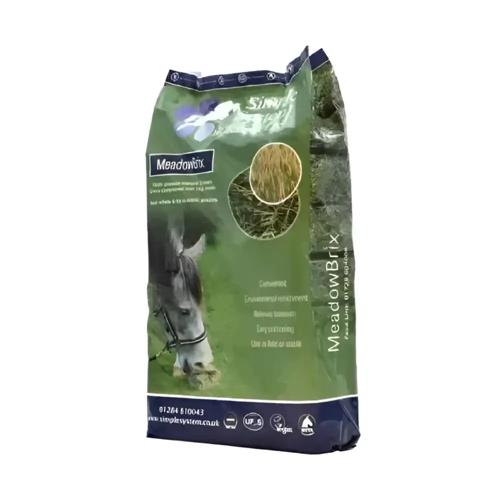 Green and navy blue Simple System Horse Feeds MeadowBrix bag with mature timothy grass compressed and horse grazing image