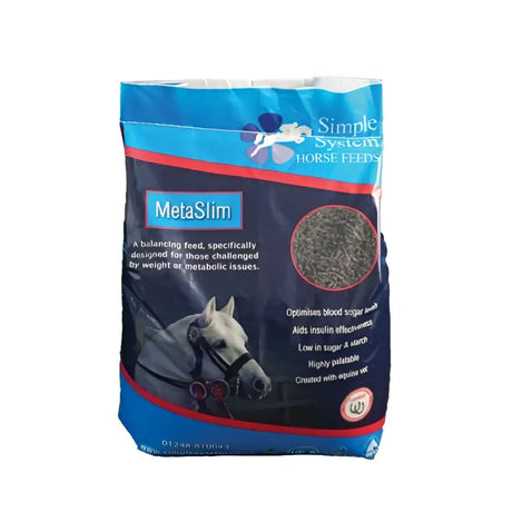 Blue and red bag of simple system horse feeds metaslim featuring a white horse image supporting blood sugar levels