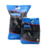 Blue and black bag of simple system metaslim horse feeds with white horse image helps manage blood sugar levels