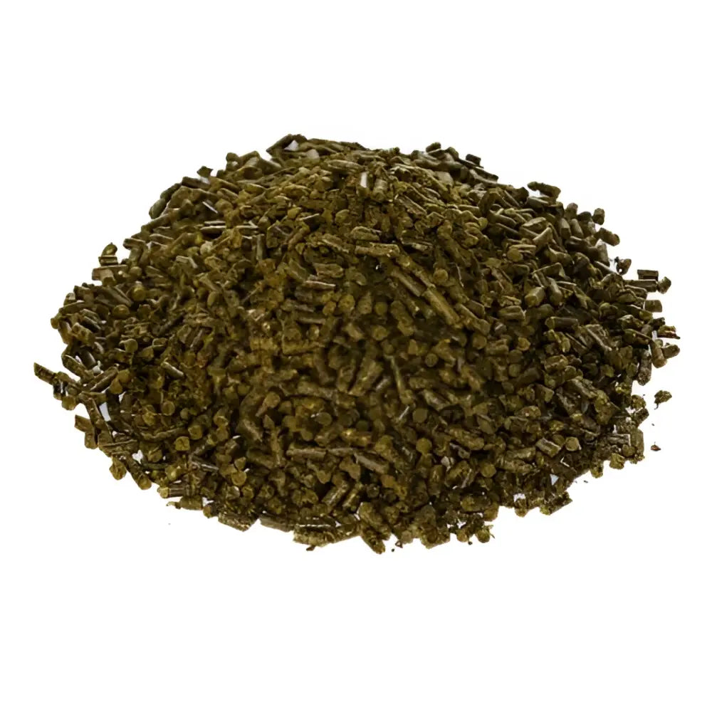 Dark green cylindrical pellets of simple system horse feeds metaslim designed by leading equine vet to manage blood sugar levels