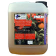 A white plastic jug of amber organic cider vinegar from simple system horse feeds with apples and certification logos