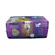 Purple rectangular package of simple system horse feeds organic lucie stalk with images of horses and green sieved lucerne stalks