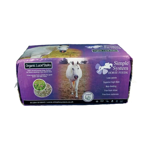 Purple rectangular package of simple system horse feeds organic lucie stalk with images of horses and green sieved lucerne stalks