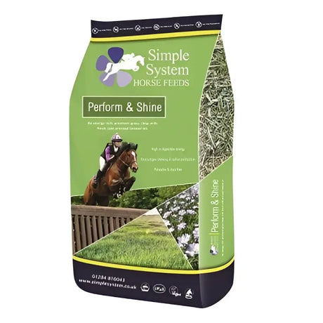 Green and black bag of simple system horse feeds perform & shine with cold pressed linseed for horse nutrition