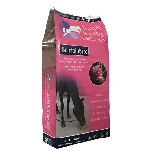 Pink bag of simple system horse feeds sainfoin brix with black horse image and purple logo for feeding horses